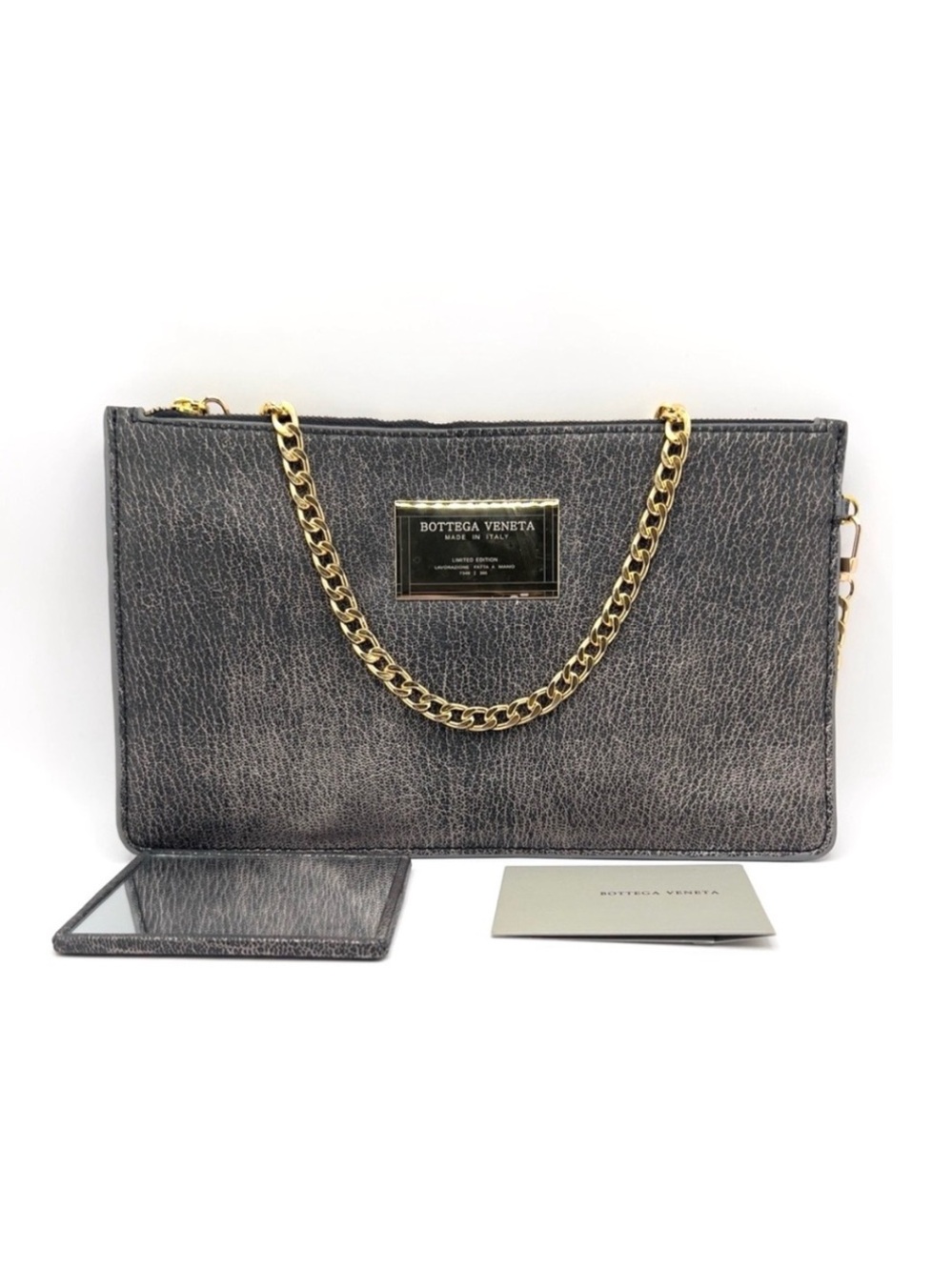 LIMITED EDITION Bottega Veneta Leather Clutch Pouch W/ Mirror & Unbranded Chain